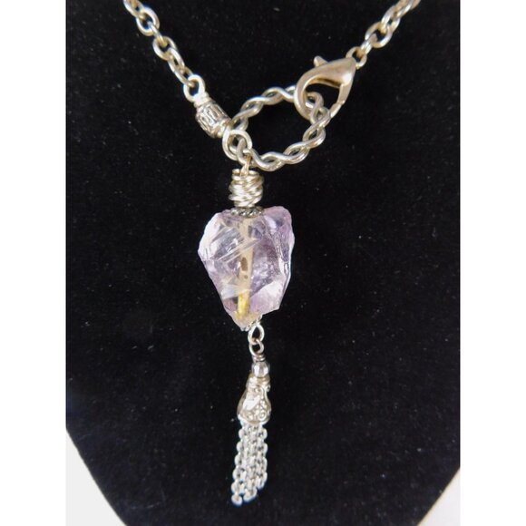 Handmade Amethyst Nugget Heart Pendant Necklace Silver Tone Chain Tassel Unique - Picture 2 of 5